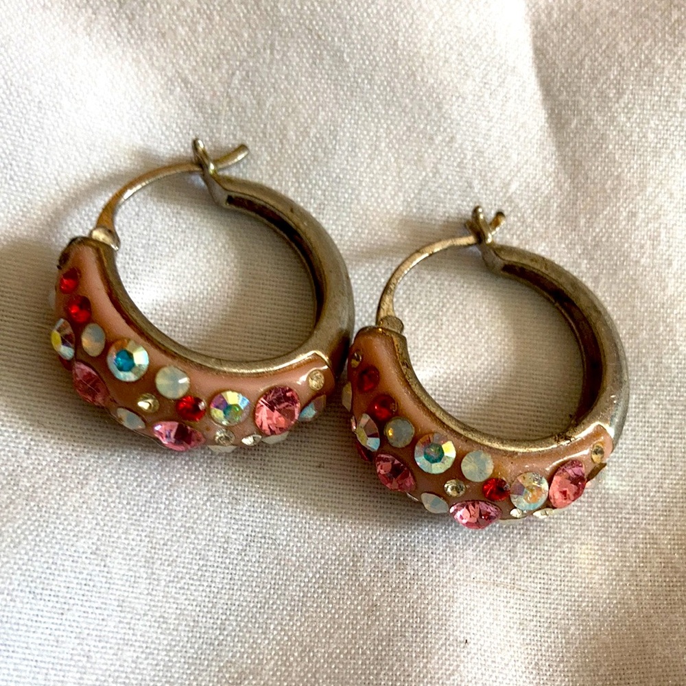 Earrings hoop style post attach, pink gem studded Great Valentine’s gift